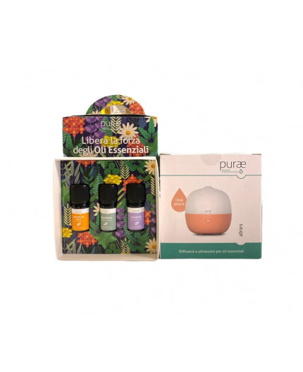 Purae Kit Diffusore "Abies Rosa Pesca" Olio Essenziale + 3 ampolle da 5 ml Lavanda, Eucalipto e Arancia