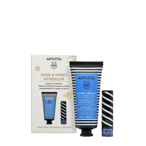 Apivita Cofanetto Regalo Hugs & Kisses Hypericum Crema Mani Secce e Screpolate 50ml e Balsamo Labbra Idratante SPF20 4,4g