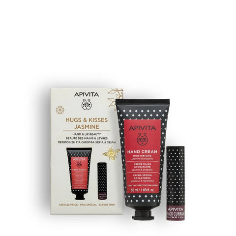 Apivita Cofanetto Regalo Hugs & Kisses Jasmine con Crema Mani Idratante al Gelsomino 50ml + Balsamo Labbra Ribes Nero 4,4g